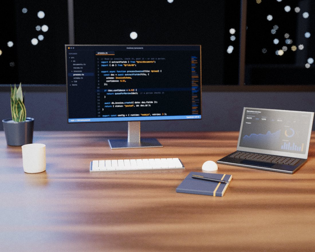 An evening desk with a monitor showing application code and a laptop showing an operations dashboard, city lights blurred through the window behind.